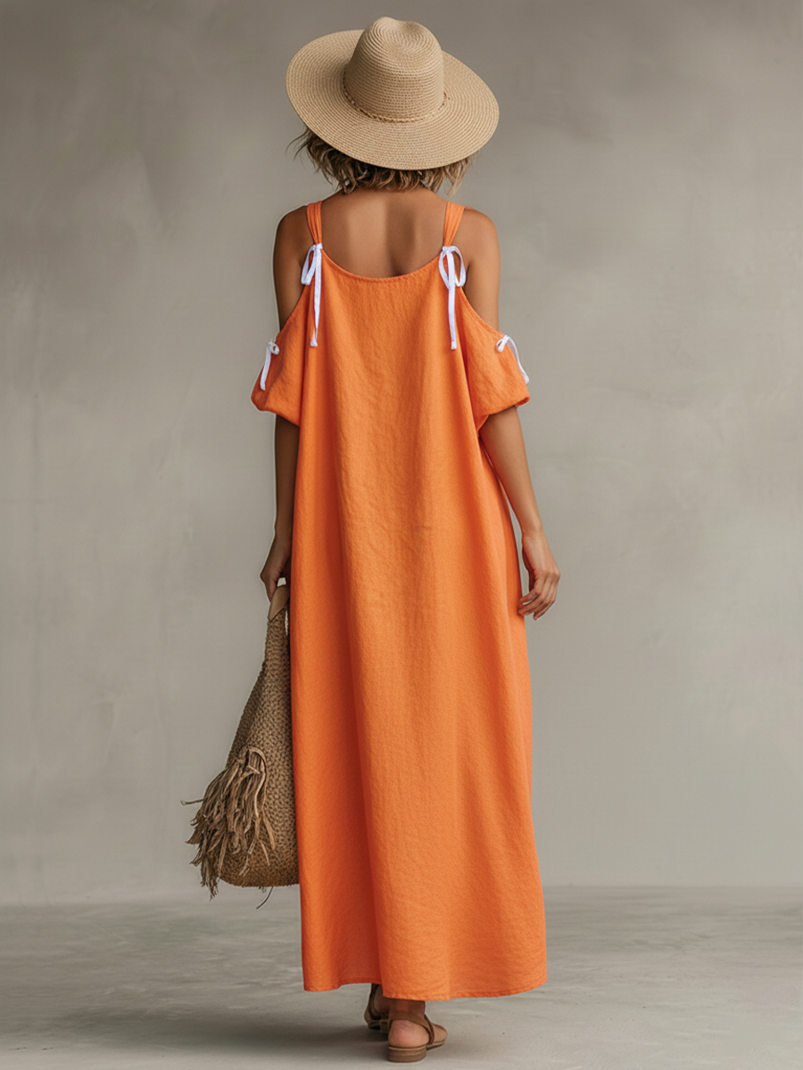 Sol · Vestido Lino Hombros Descubiertos Bajo Asimétrico