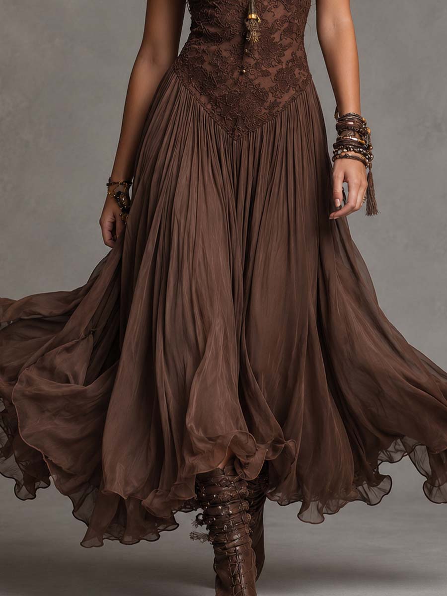 Vestido Maxi de Chifón con Paneles de Encaje Marrón