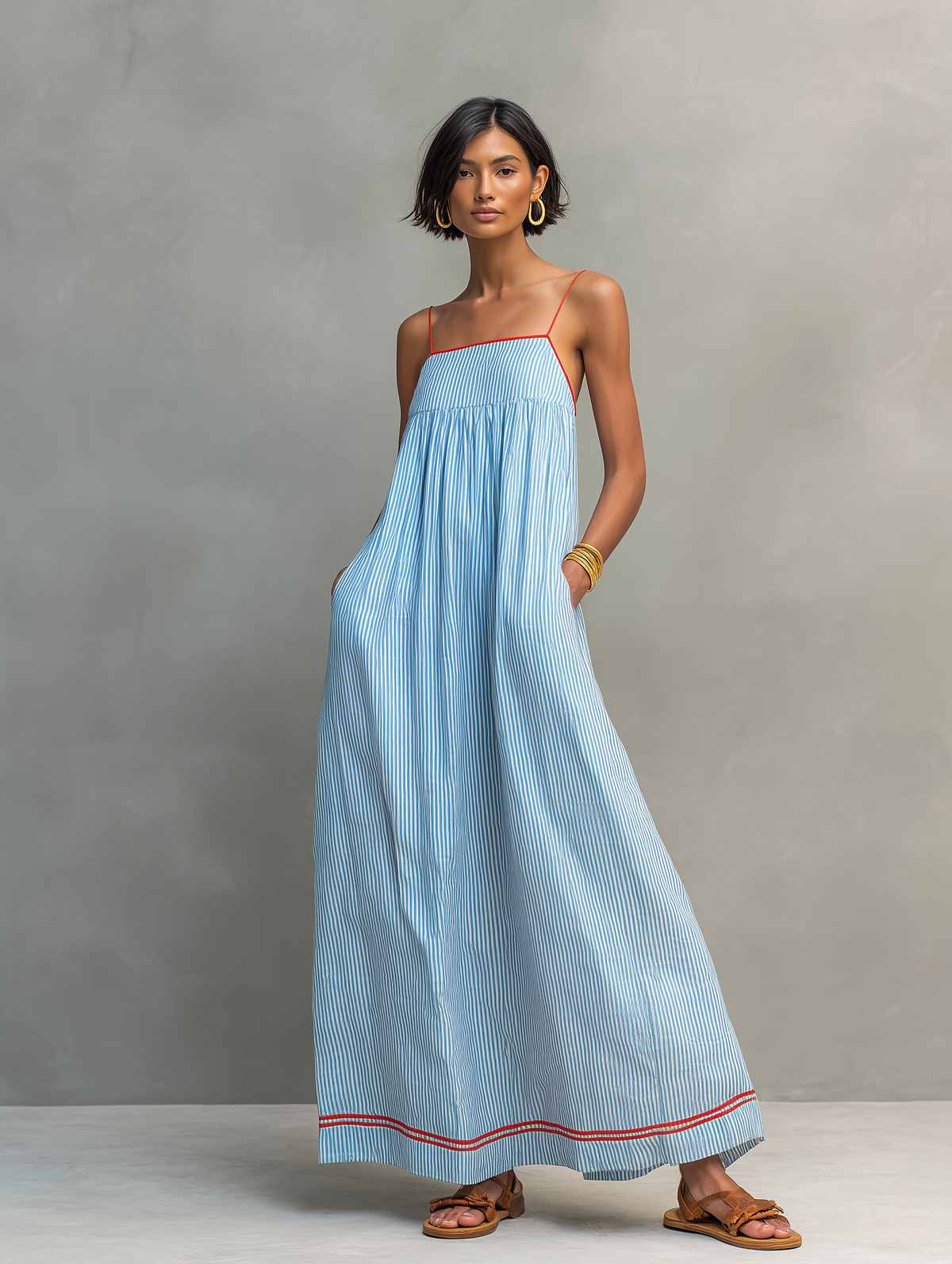 Ainhoa · Vestido Maxi de Rayas Ribete Rojo