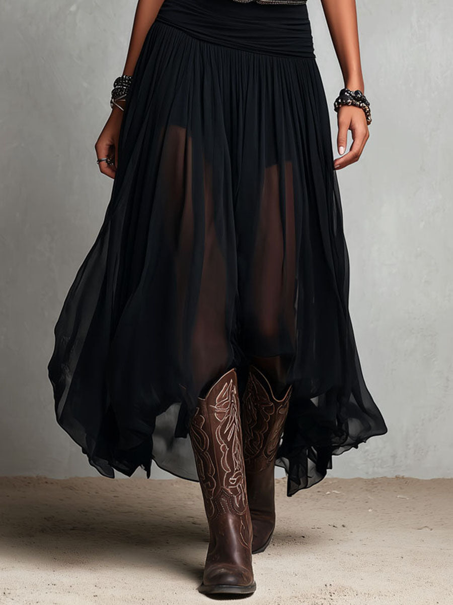 Vestido Maxi Negro Boho Western con Falda Semitransparente