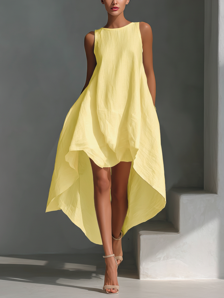 Blanca · Vestido Midi de Lino con Bajo Asimétrico