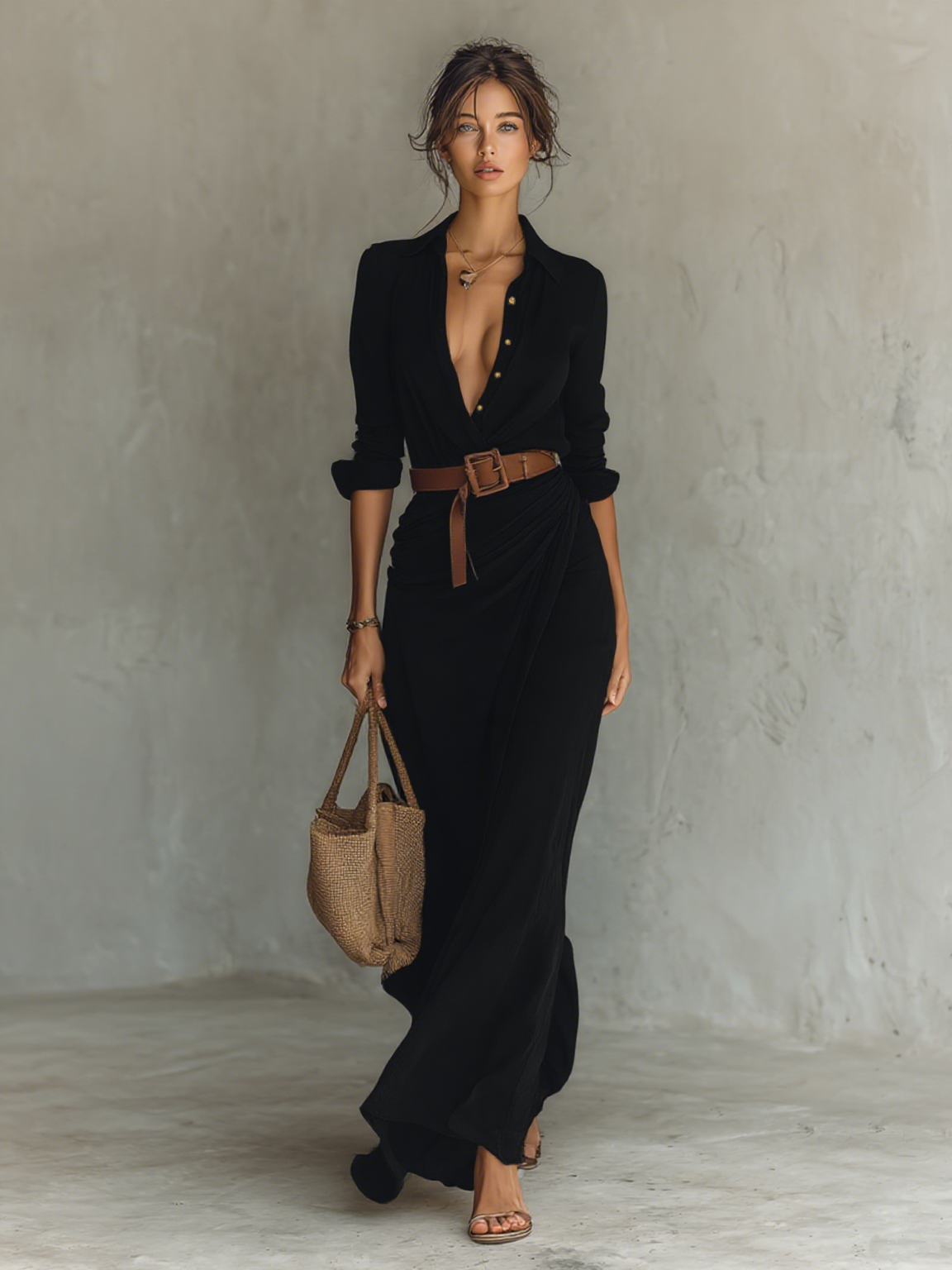 Amara · Vestido Maxi Cruzado Manga Larga con Cinturón