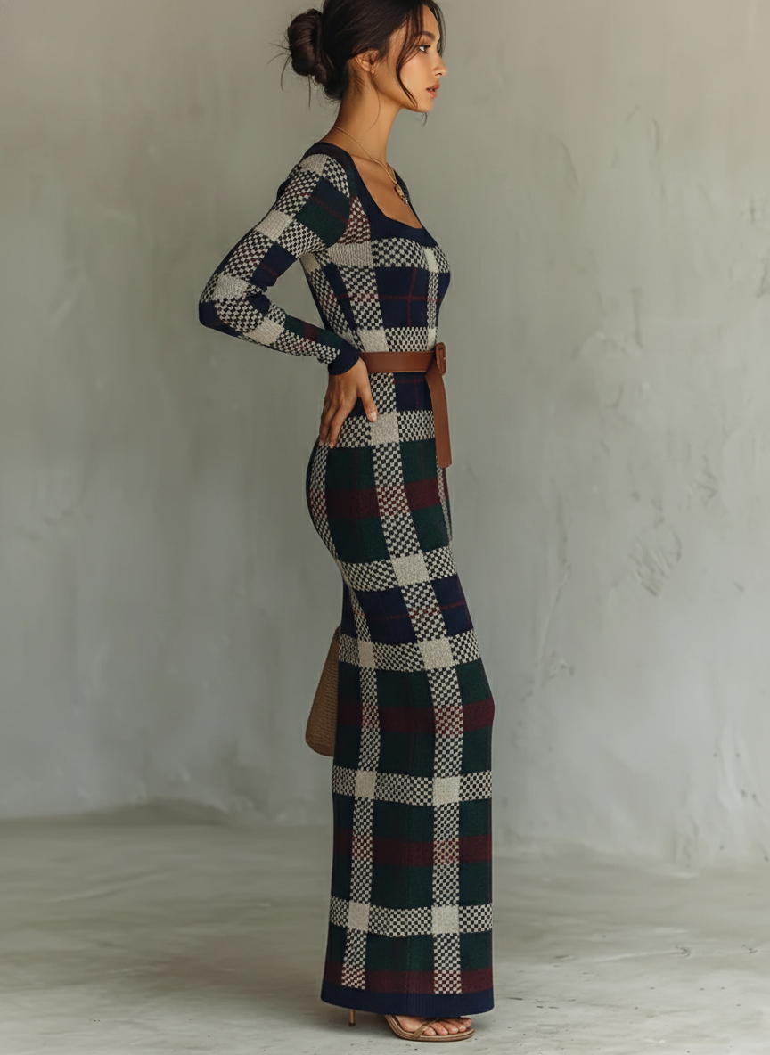 Elena · Vestido Maxi Punto Cuadros con Cinturón