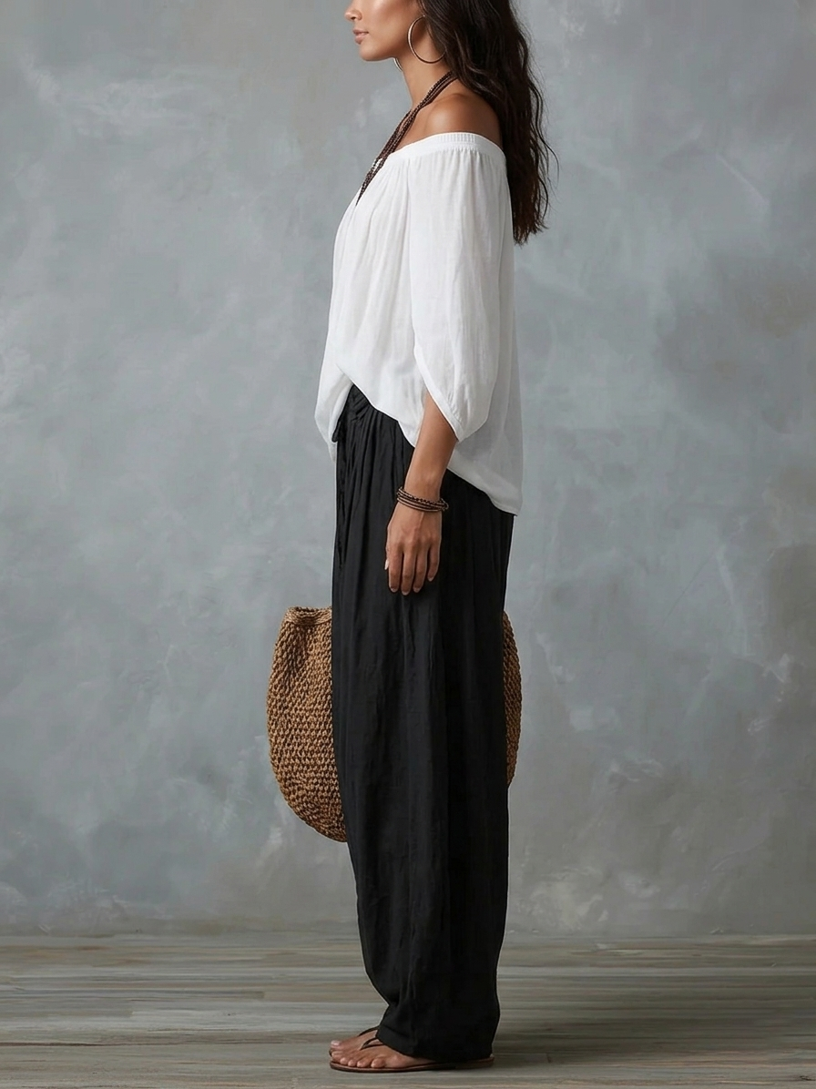 Hania · Conjunto Boho Blusa Off-Shoulder con Pantalón Ancho