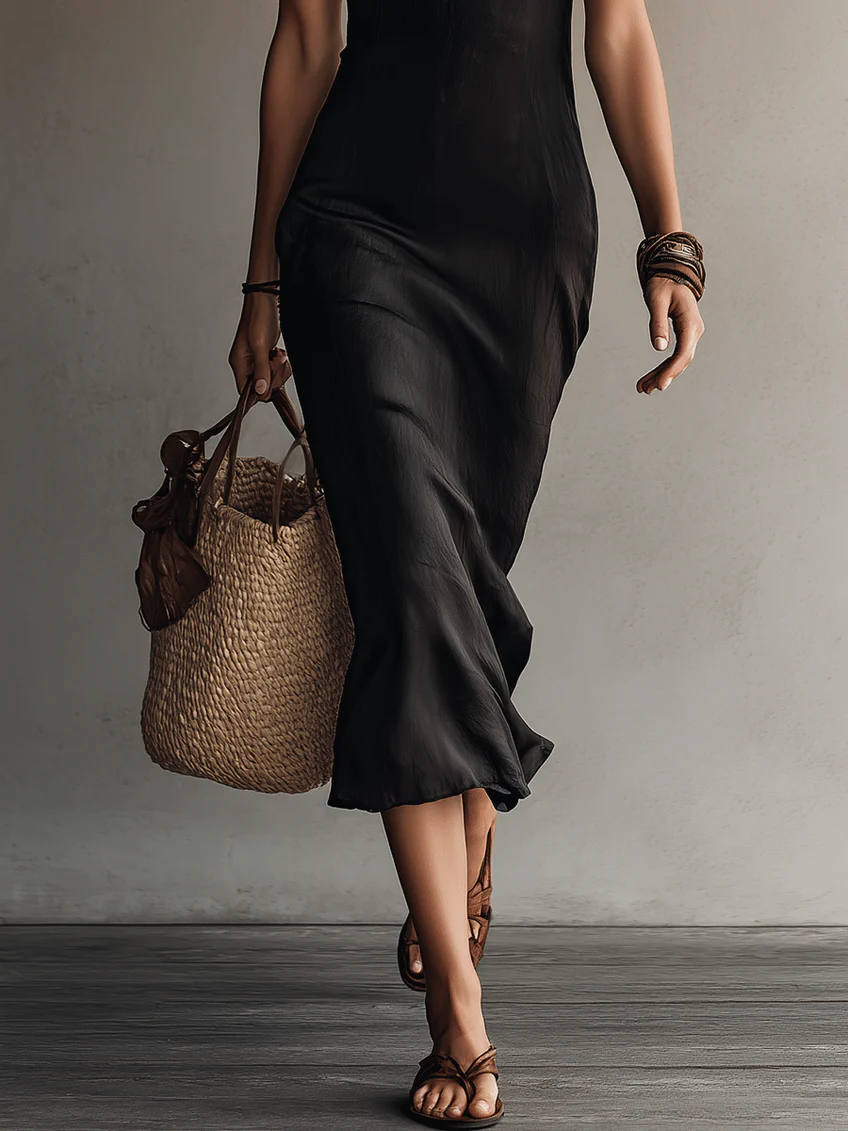 Adriana · Vestido Midi Negro Escote en V y Bordes de Encaje