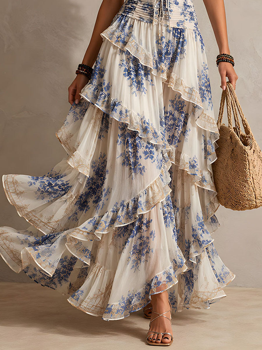 Vestido Maxi Halter con Volantes, Estampado Floral Azul y Blanco