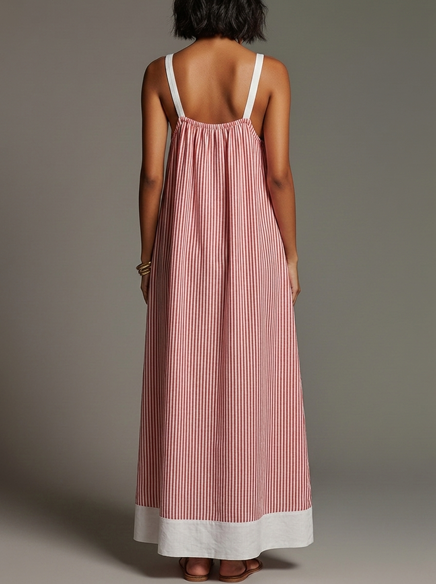 Mara · Vestido Maxi Lino Rayas Color Block con Bolsillos