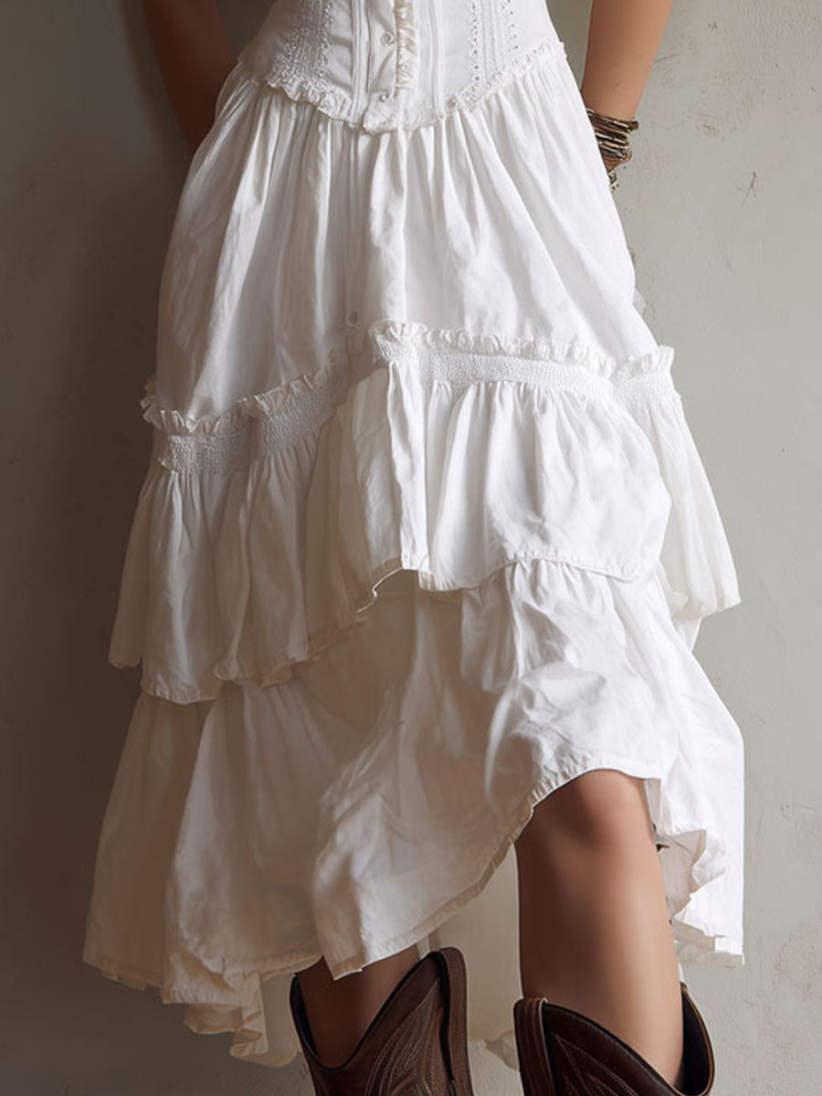 Renata · Vestido Midi Corsé con Volantes y Encaje
