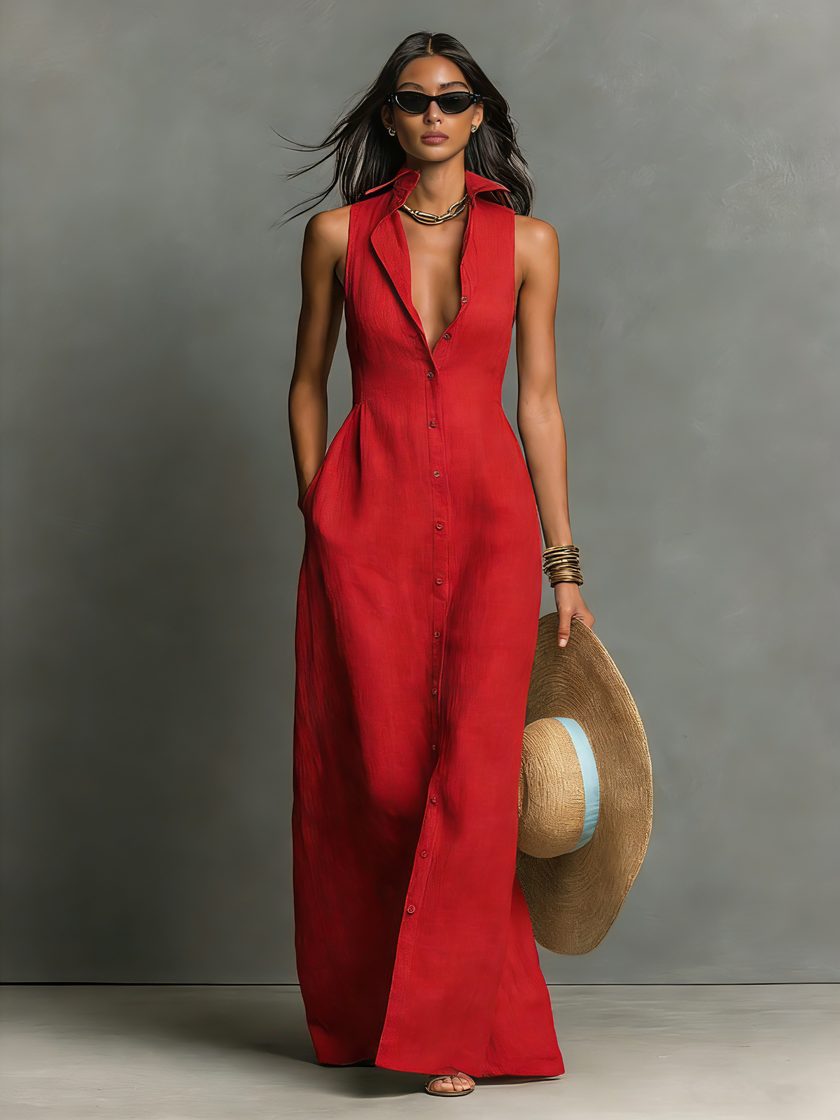 Rocío · Vestido Camisero Maxi Lino Sin Mangas