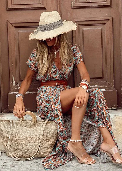 Justine | Vestido largo bohemio fluido con cinturón