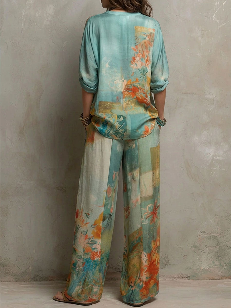 Chiara | Conjunto Fluido Estampado Floral con Pantalón Ancho