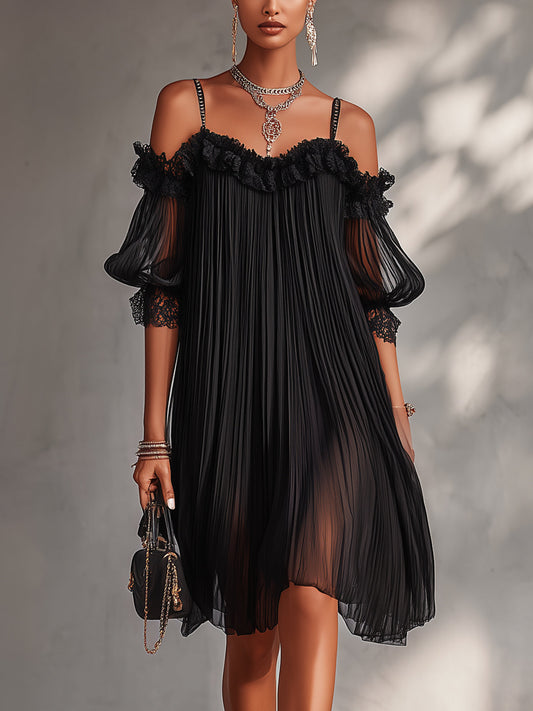 Vittoria · Mini Vestido Negro Hombros Descubiertos con Encaje