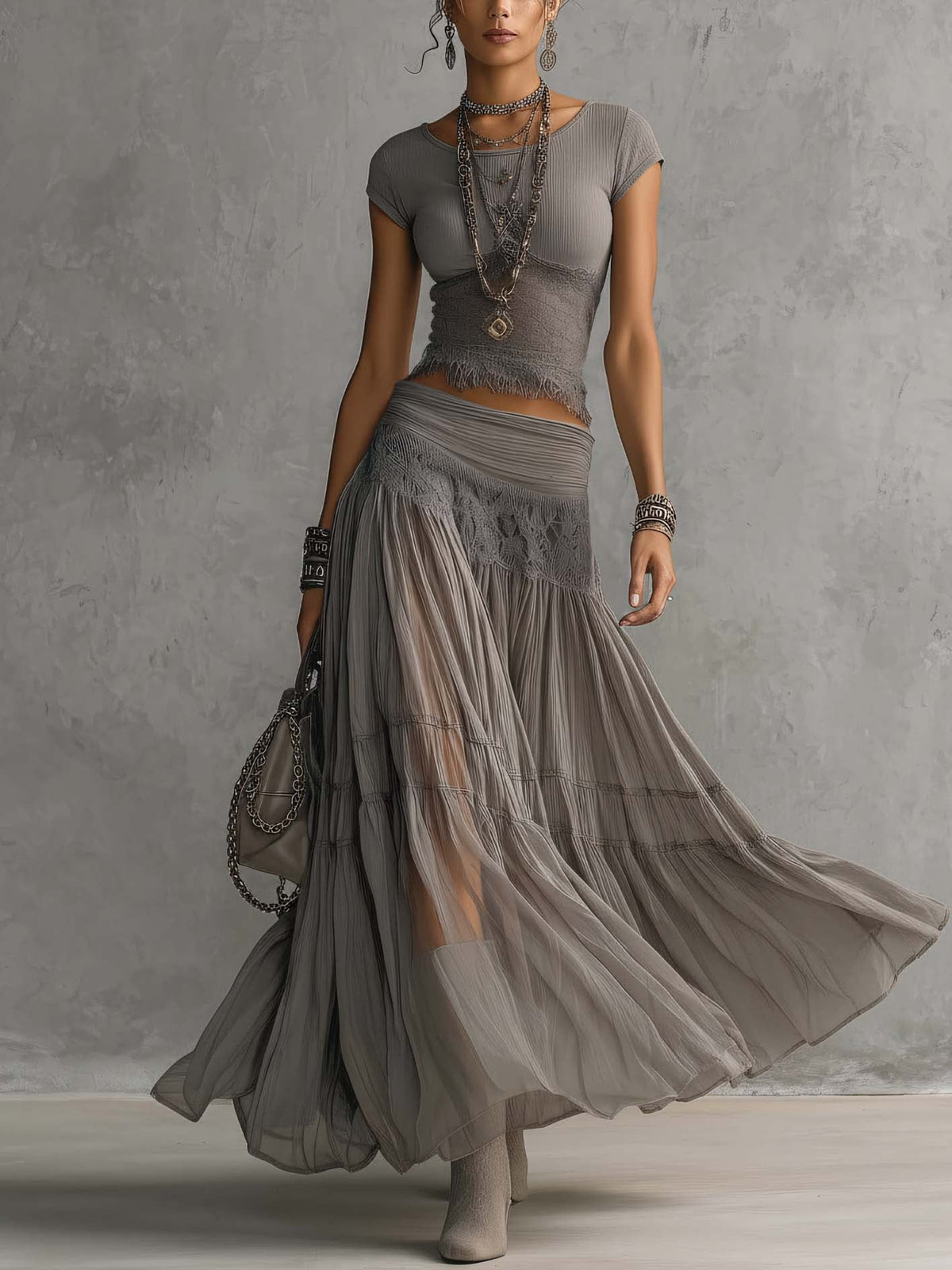 Paulina – Conjunto de encaje gris estilizador