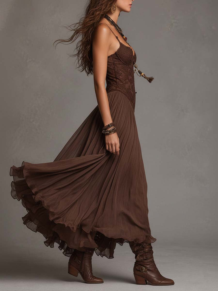 Vestido Maxi de Chifón con Paneles de Encaje Marrón
