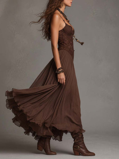 Vestido Maxi de Chifón con Paneles de Encaje Marrón