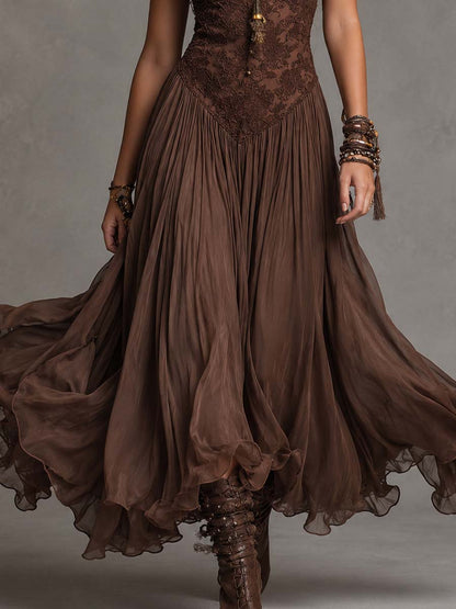 Vestido Maxi de Chifón con Paneles de Encaje Marrón
