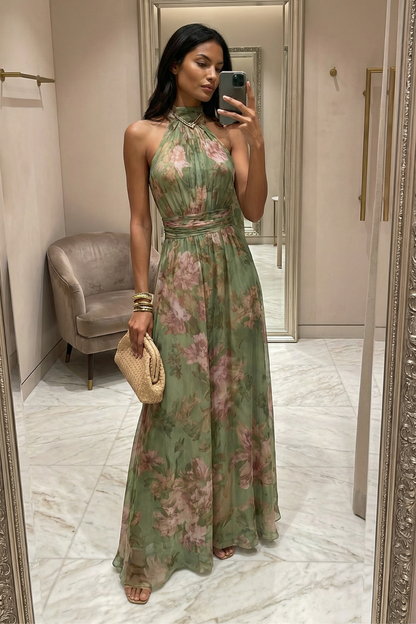 Vestido largo con cuello halter y estampado floral