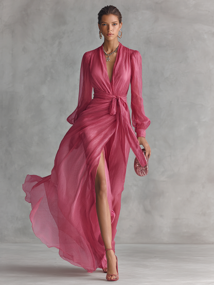 Vestido Largo Chiffon Rosa Perla con Escote V y Cintura Atada