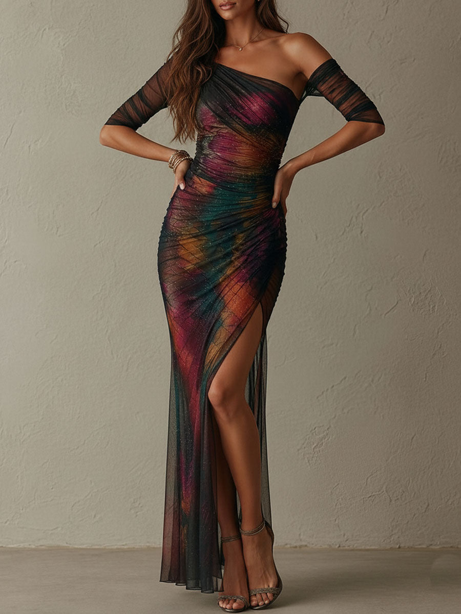 Aurora · Vestido Maxi Asimétrico Estampado Galaxia