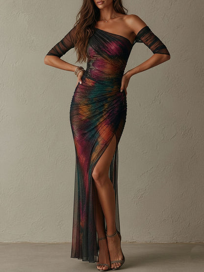 Aurora · Vestido Maxi Asimétrico Estampado Galaxia