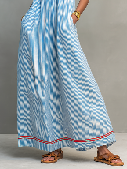 Ainhoa · Vestido Maxi de Rayas Ribete Rojo