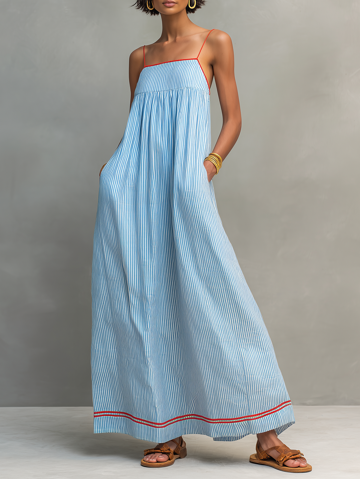 Ainhoa · Vestido Maxi de Rayas Ribete Rojo