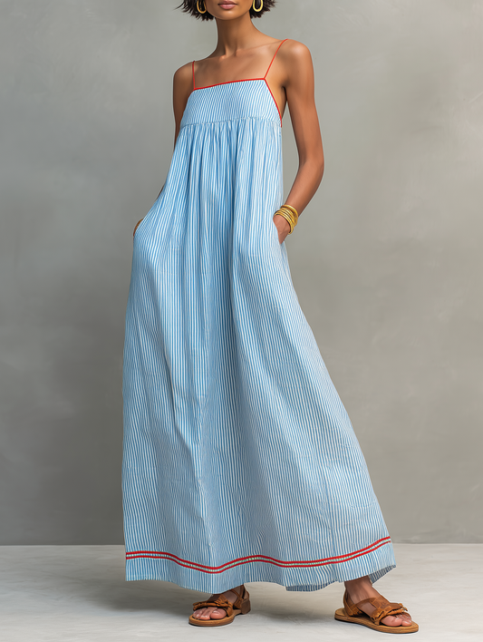Ainhoa · Vestido Maxi de Rayas Ribete Rojo