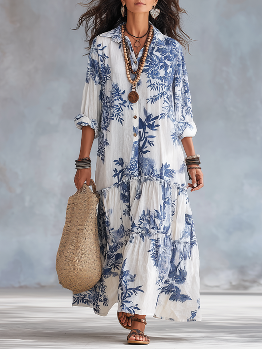 Dalia · Vestido Maxi Camisero de Flores Azules con Corte Tiered
