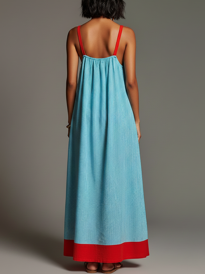 Mara · Vestido Maxi Lino Rayas Color Block con Bolsillos