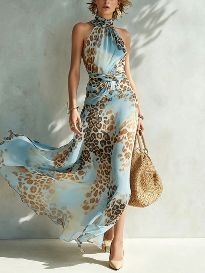 Leona · Vestido Maxi Chifón Estampado Leopardo Azul