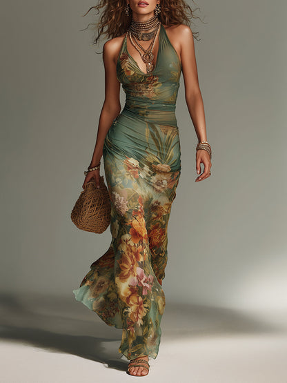 Inés · Vestido Maxi Malla Floral Retro