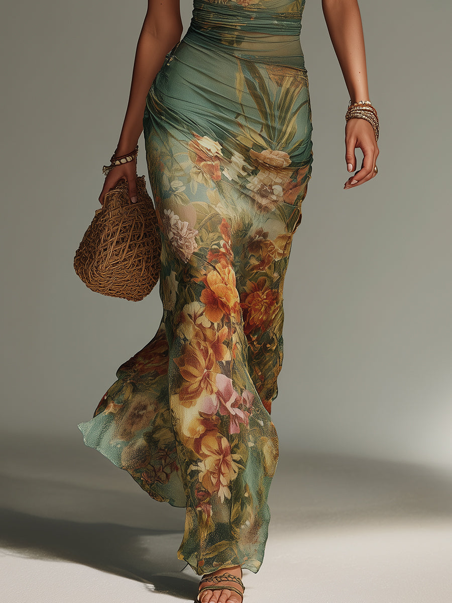 Inés · Vestido Maxi Malla Floral Retro