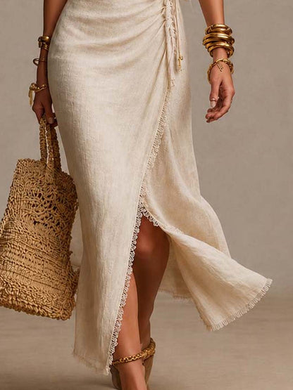 Marina · Vestido Midi Cruzado de Lino con Encaje