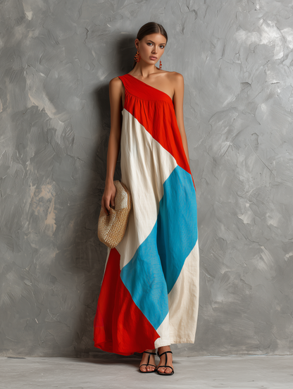 Valeria - Vestido Maxi Un Hombro Bloques de Color