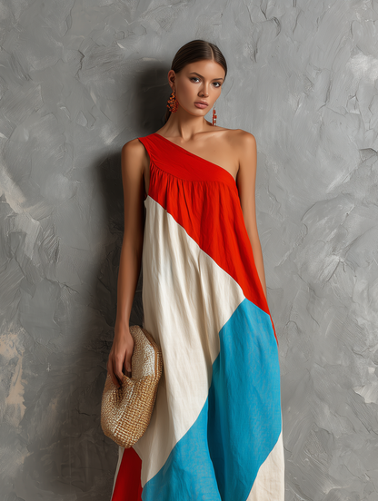 Valeria - Vestido Maxi Un Hombro Bloques de Color