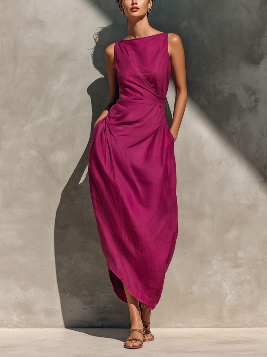 Valentina · Vestido Midi Lino Fucsia Cuello Barco