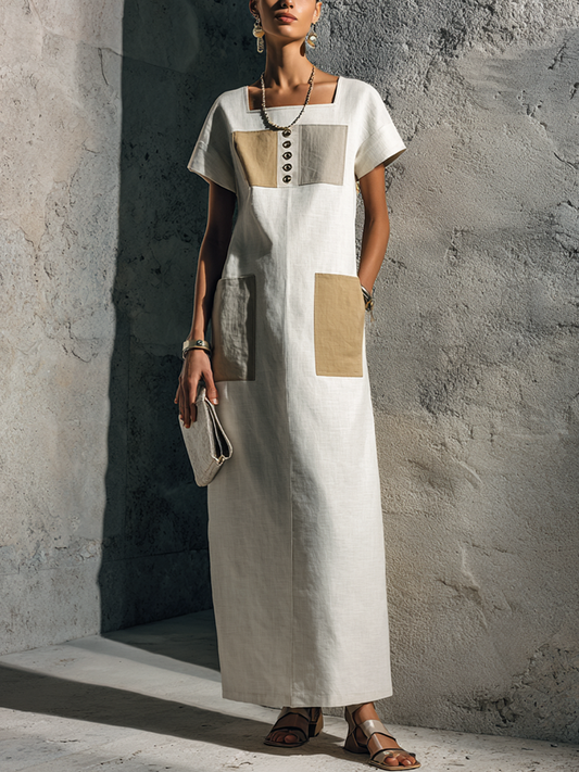 Alicia · Vestido Maxi Lino Crudo Cuello Cuadrado