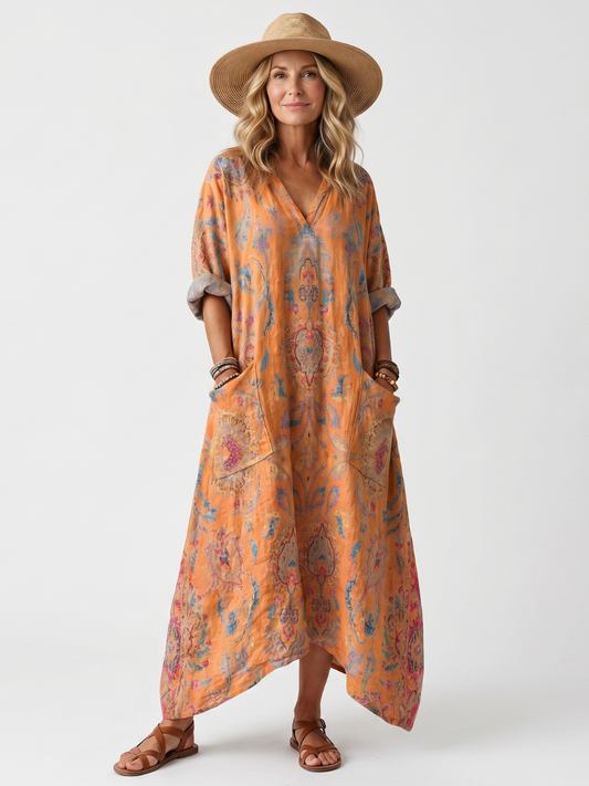 Remi · Vestido Midi Estampado con Escote Abierto y Bolsillos