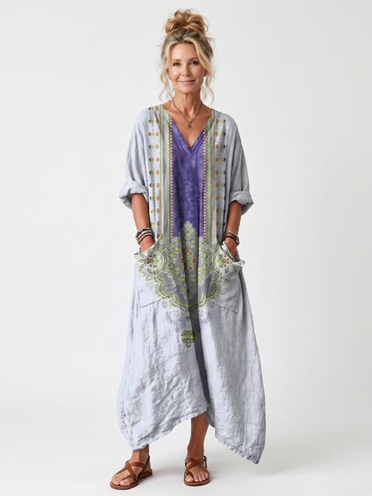 Raina · Vestido Midi Bordado con Panel en Contraste y Bolsillos