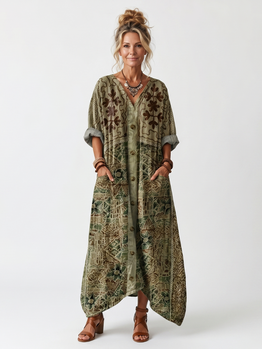 Aleta · Vestido Midi Bordado con Botonadura y Bolsillos
