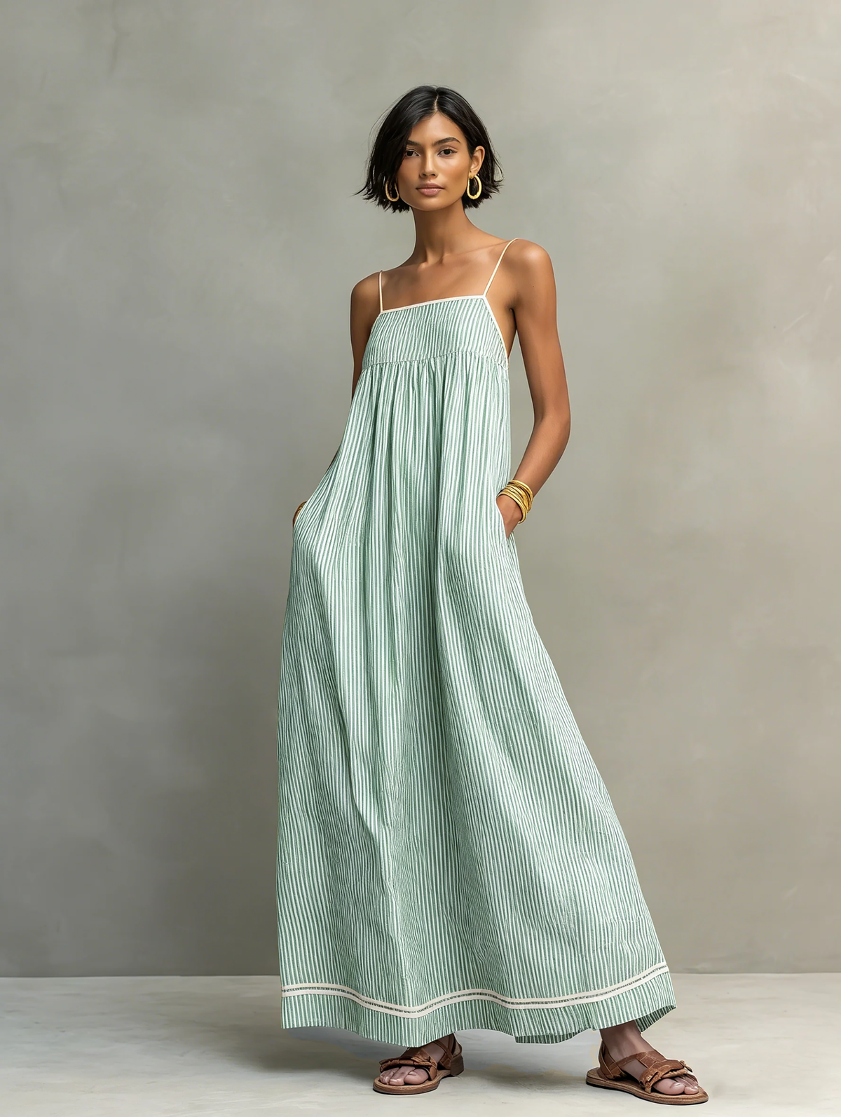 Ainhoa · Vestido Maxi de Rayas Ribete Rojo