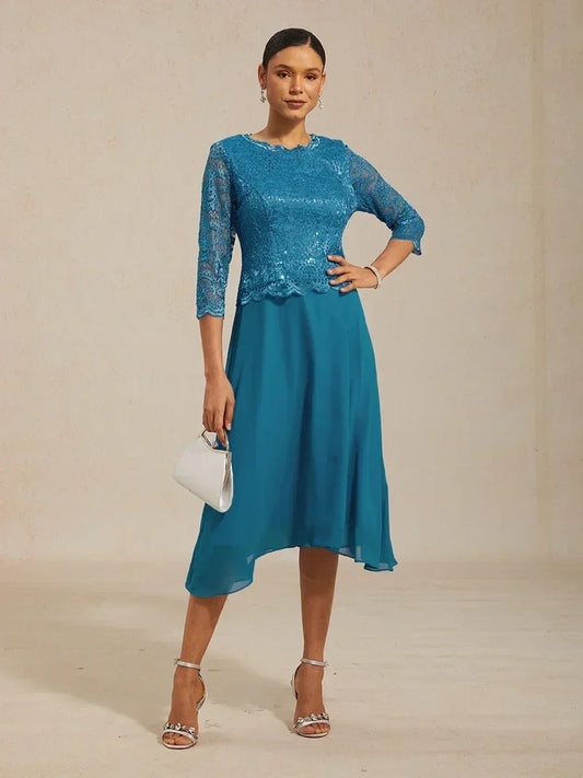 Vestido midi con encaje y manga tres cuartos