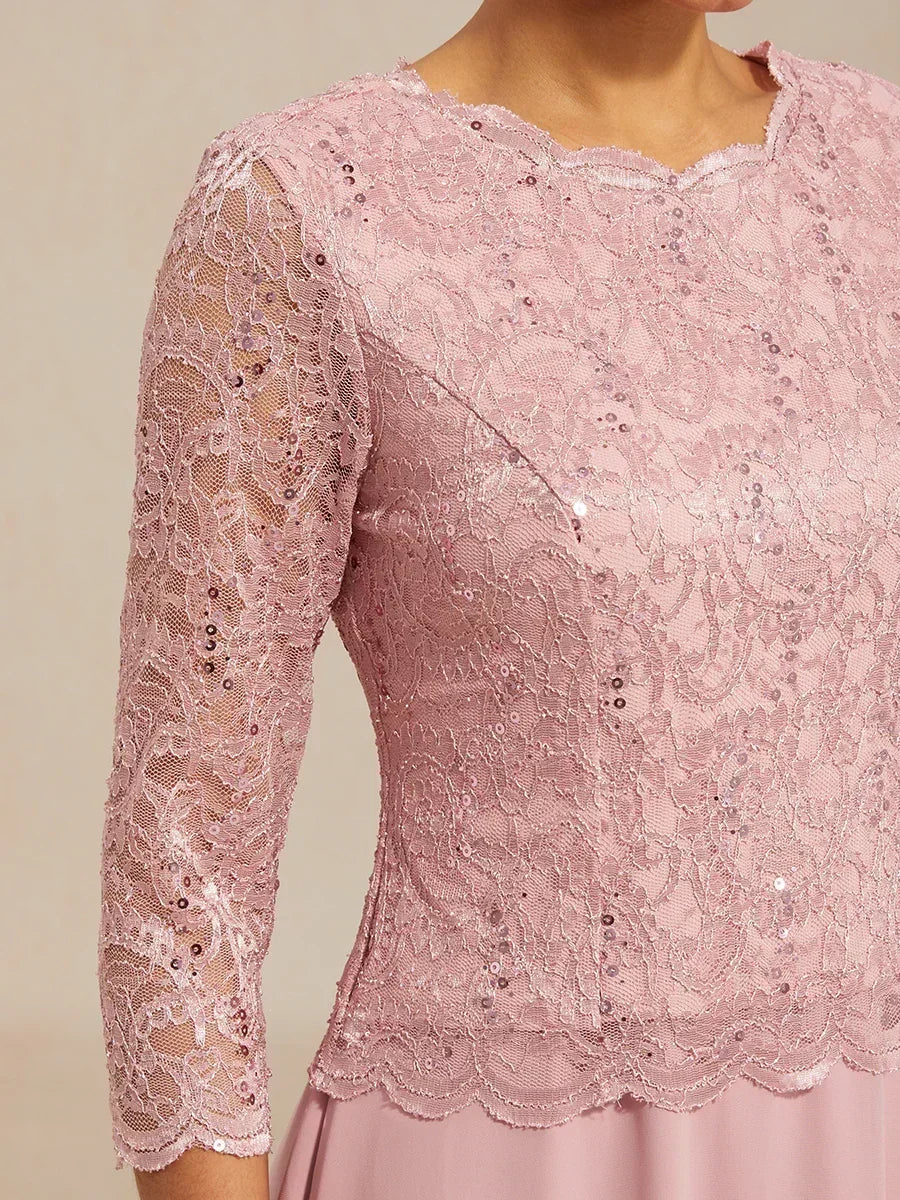 Vestido midi con encaje y manga tres cuartos
