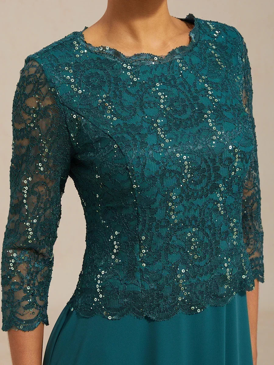 Vestido midi con encaje y manga tres cuartos