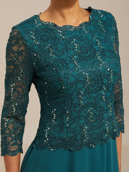 Vestido midi con encaje y manga tres cuartos