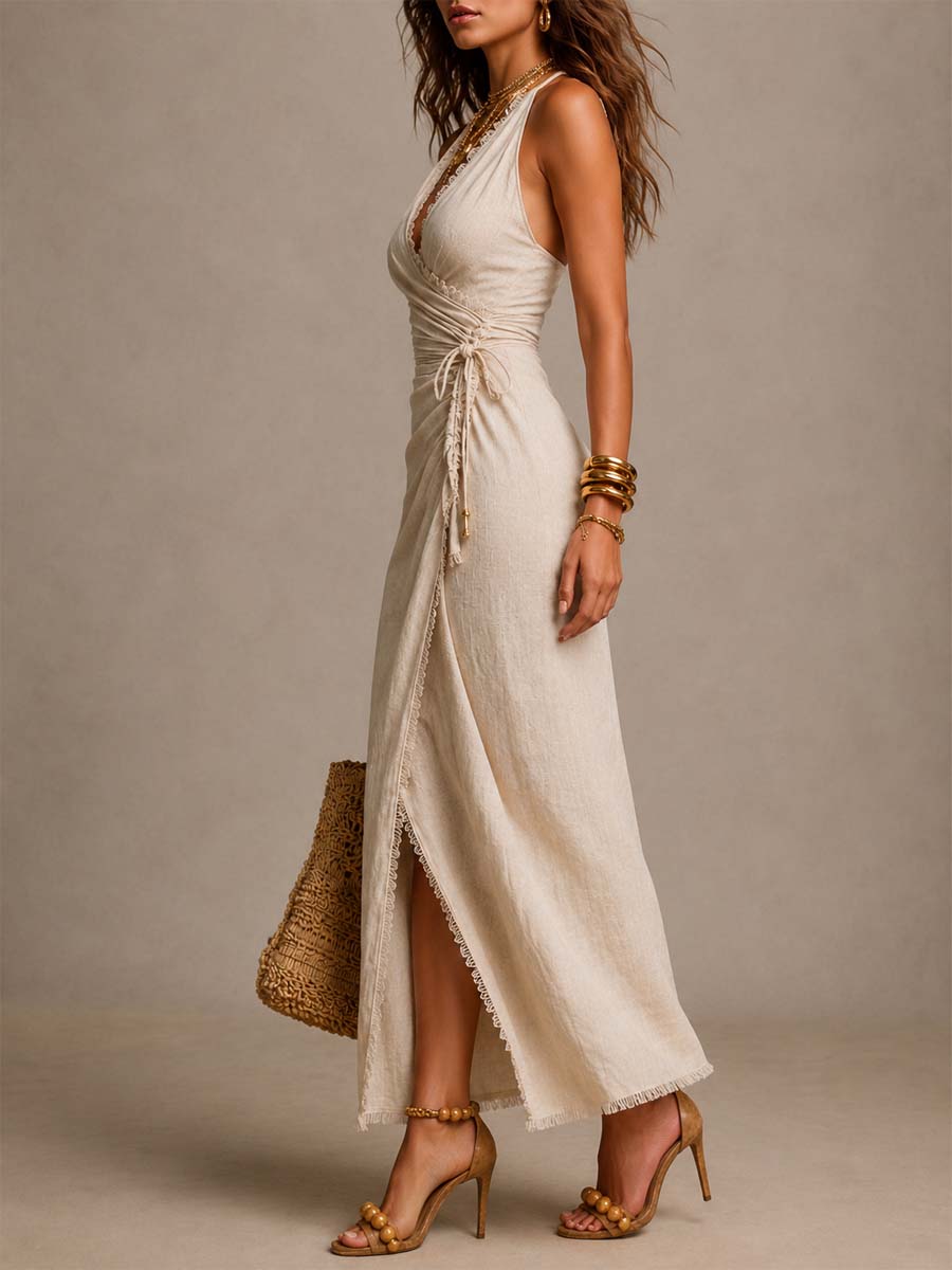 Marina · Vestido Midi Cruzado de Lino con Encaje