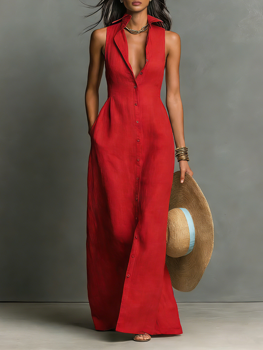 Rocío · Vestido Camisero Maxi Lino Sin Mangas