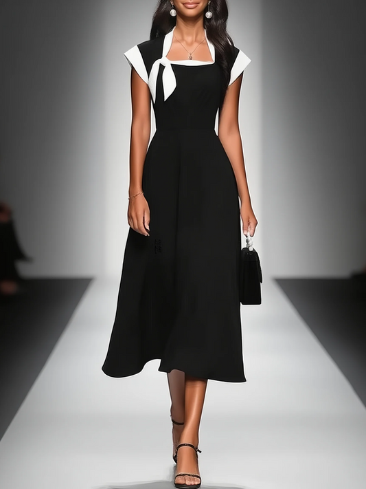 Alba · Vestido Midi Bicolor Escote Cuadrado y Manga Casquillo