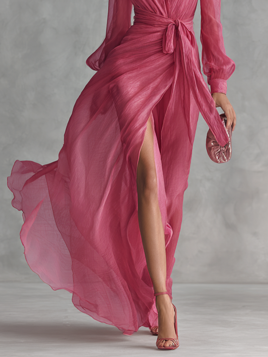 Vestido Largo Chiffon Rosa Perla con Escote V y Cintura Atada