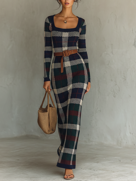 Elena · Vestido Maxi Punto Cuadros con Cinturón